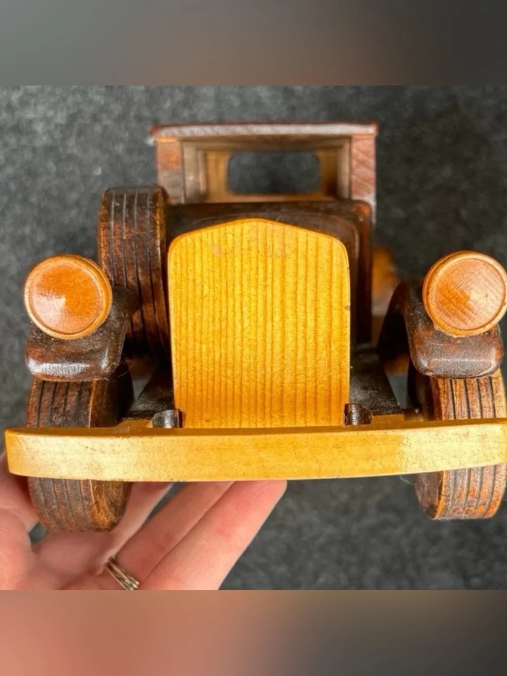 Vintage Handmade Wooden Model T Sedan Car: Two-Tone Artisan Folk Art Toy